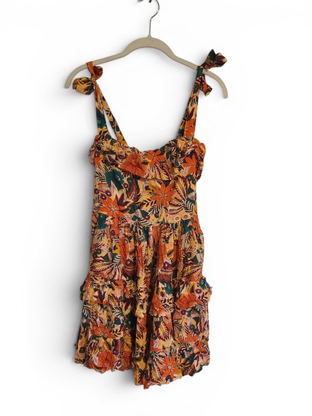 Tamga Designs Orange Green Bright Floral Tie Strap Mini Dress With Pockets